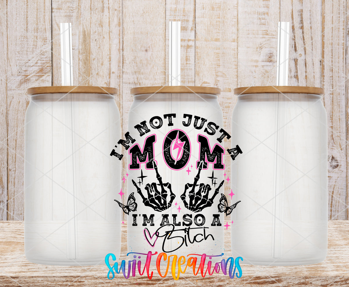 Not Just a Mom frosted glass tumbler mockup with bamboo lids and straws
