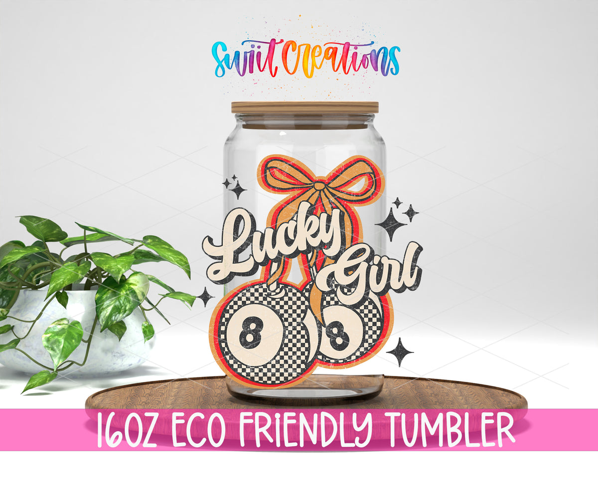 Lucky Girl design on a 16 oz clear glass tumbler with bamboo lid