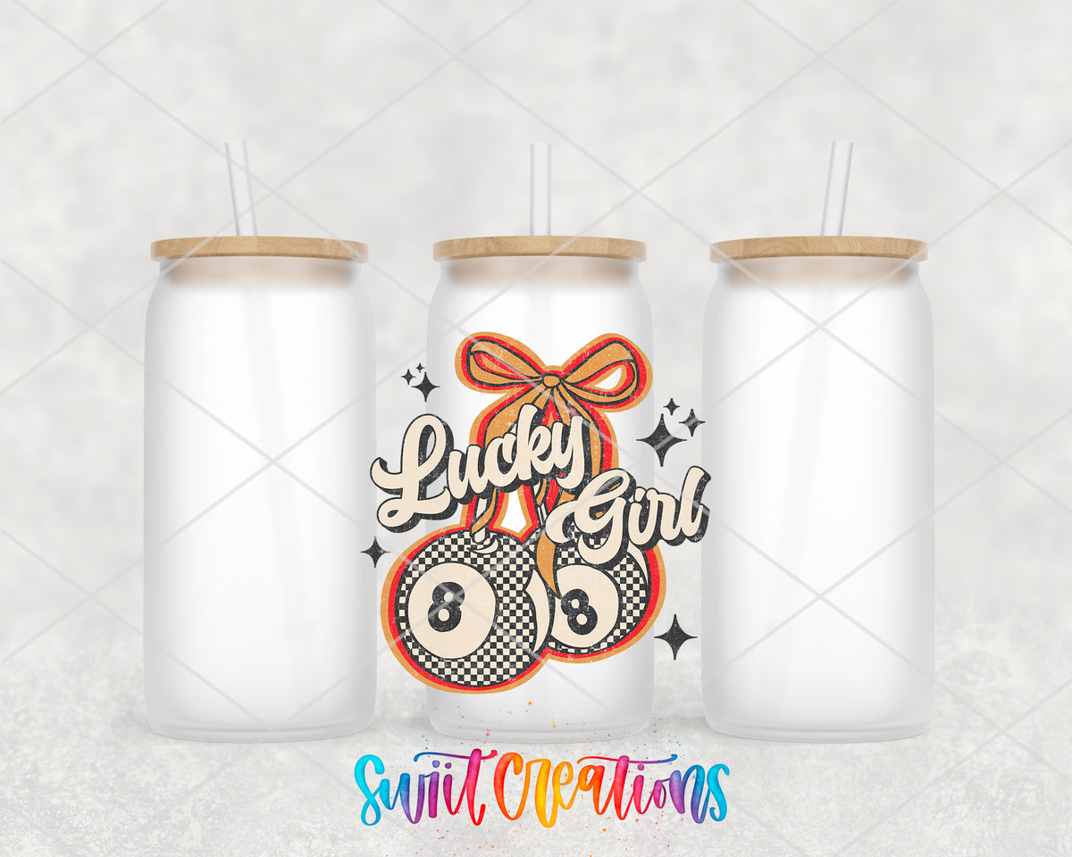 Lucky Girl frosted glass tumbler group view with lids and straws