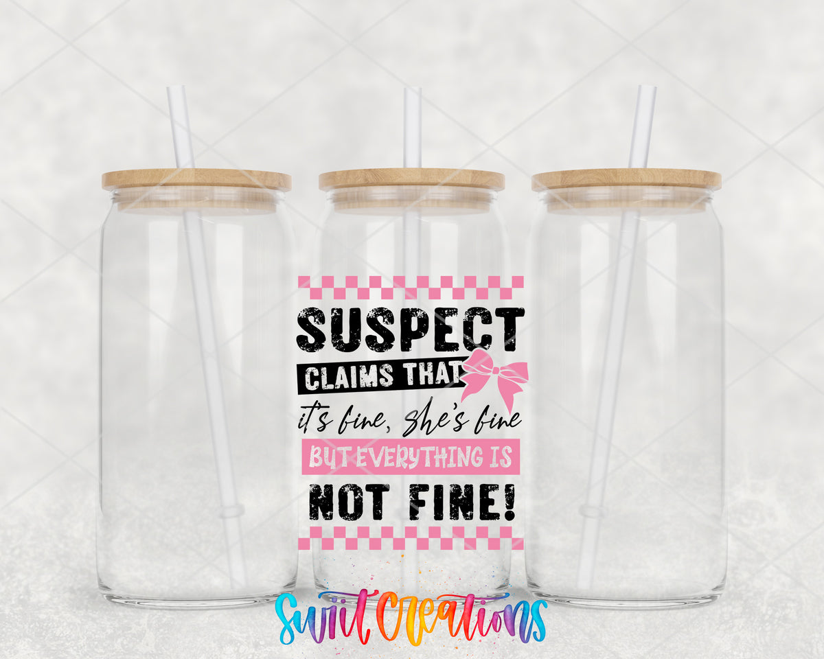 Suspect Is Not Fine clear glass tumbler group mockup with bamboo lids and straws