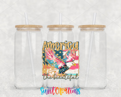 America the Beautiful Eagle clear glass tumbler group mockup with bamboo lids and straws
