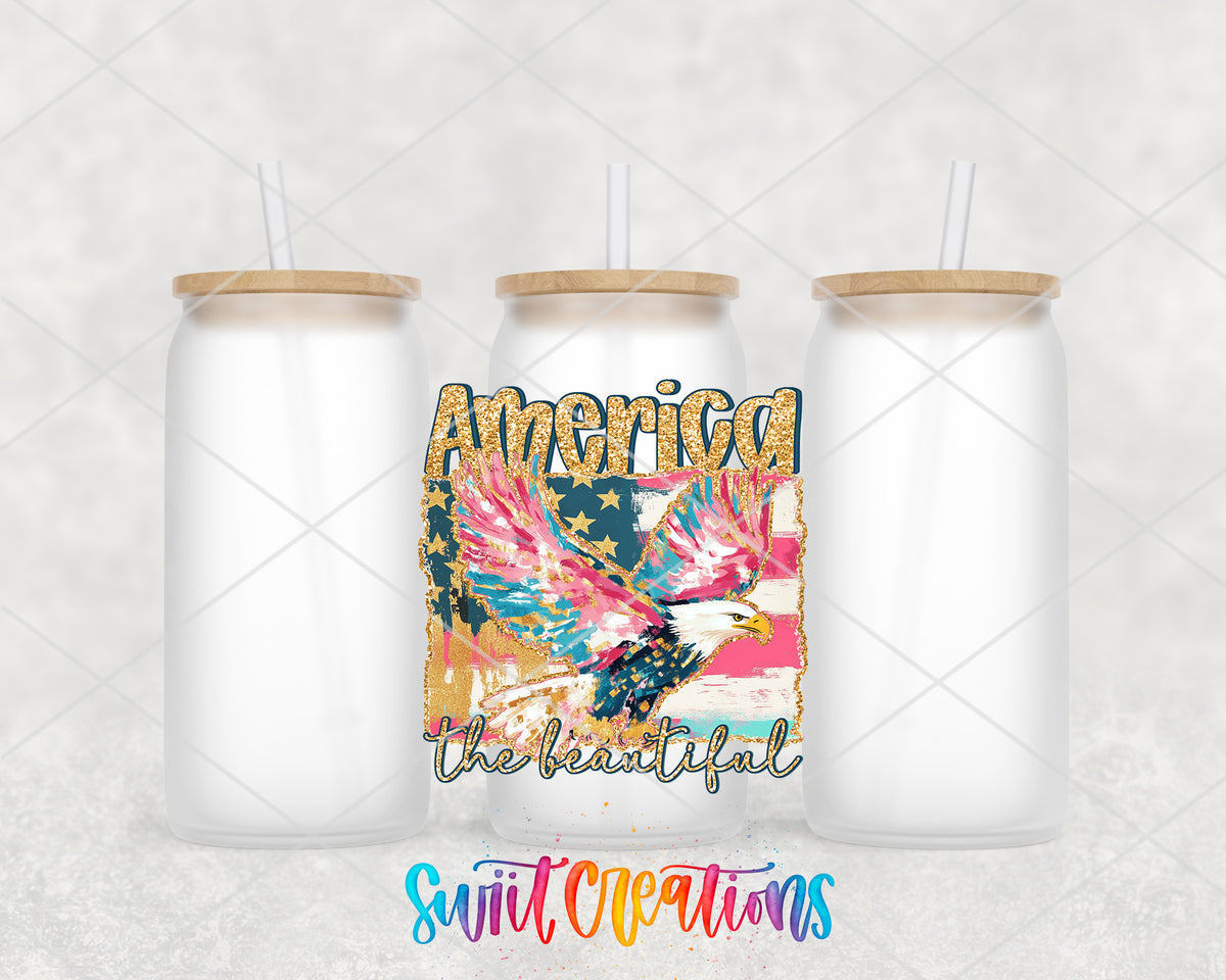 America the Beautiful Eagle frosted glass tumbler group view with lids and straws