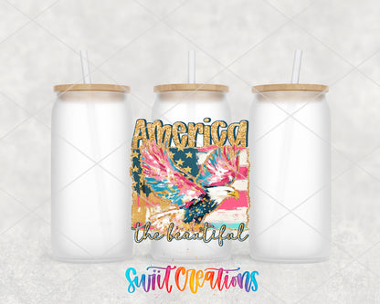 America the Beautiful Eagle frosted glass tumbler group view with lids and straws