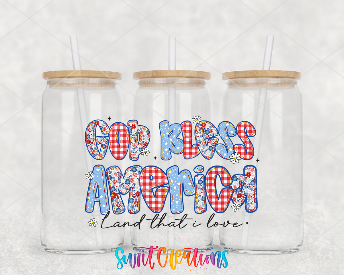 God Bless America clear glass tumbler group mockup with bamboo lids and straws