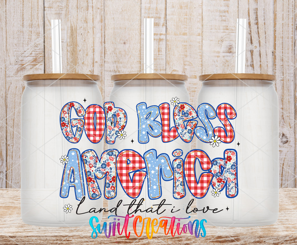 God Bless America frosted glass tumbler mockup with bamboo lids and straws
