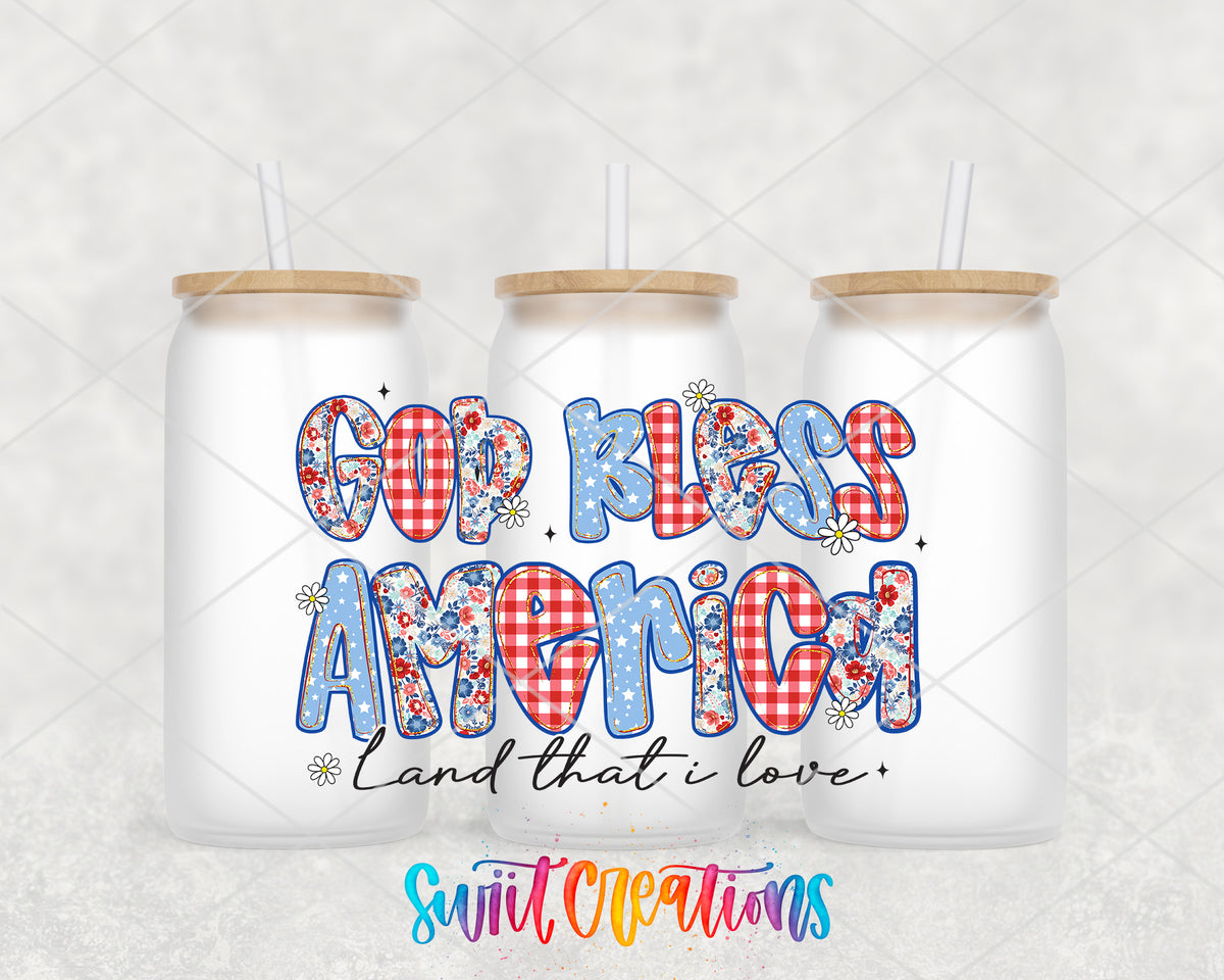 God Bless America frosted glass tumbler group view with lids and straws