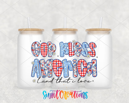 God Bless America frosted glass tumbler group view with lids and straws