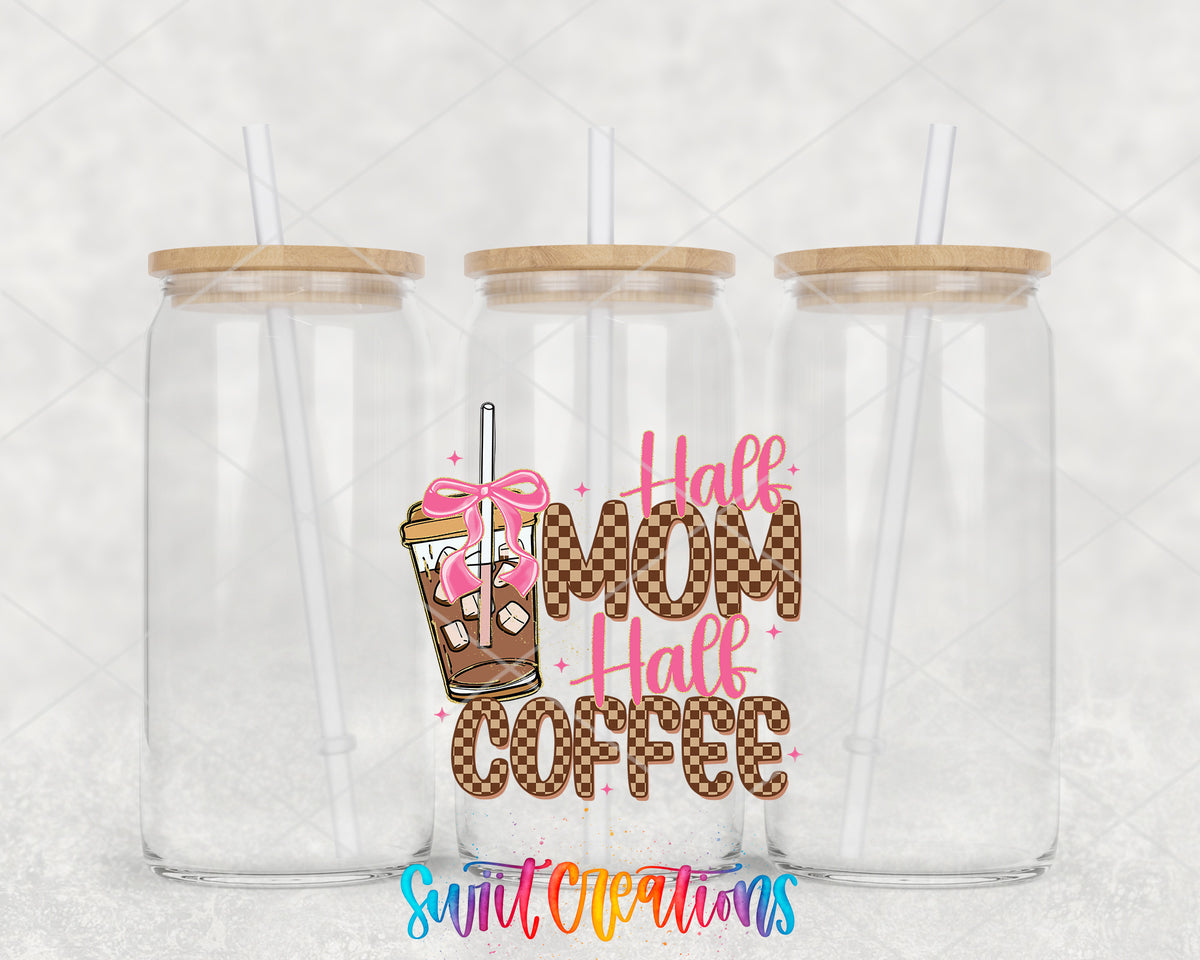 Half Mom Half Coffee clear glass tumbler group mockup with bamboo lids and straws