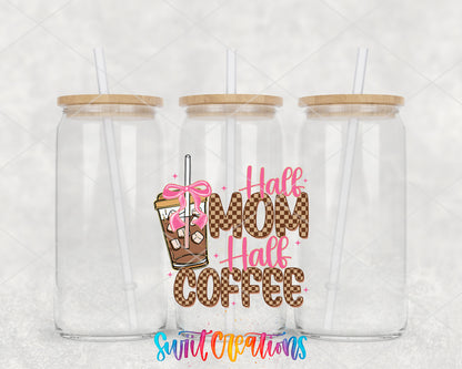 Half Mom Half Coffee clear glass tumbler group mockup with bamboo lids and straws