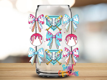 Coquette Baseball design close-up on a clear glass can tumbler