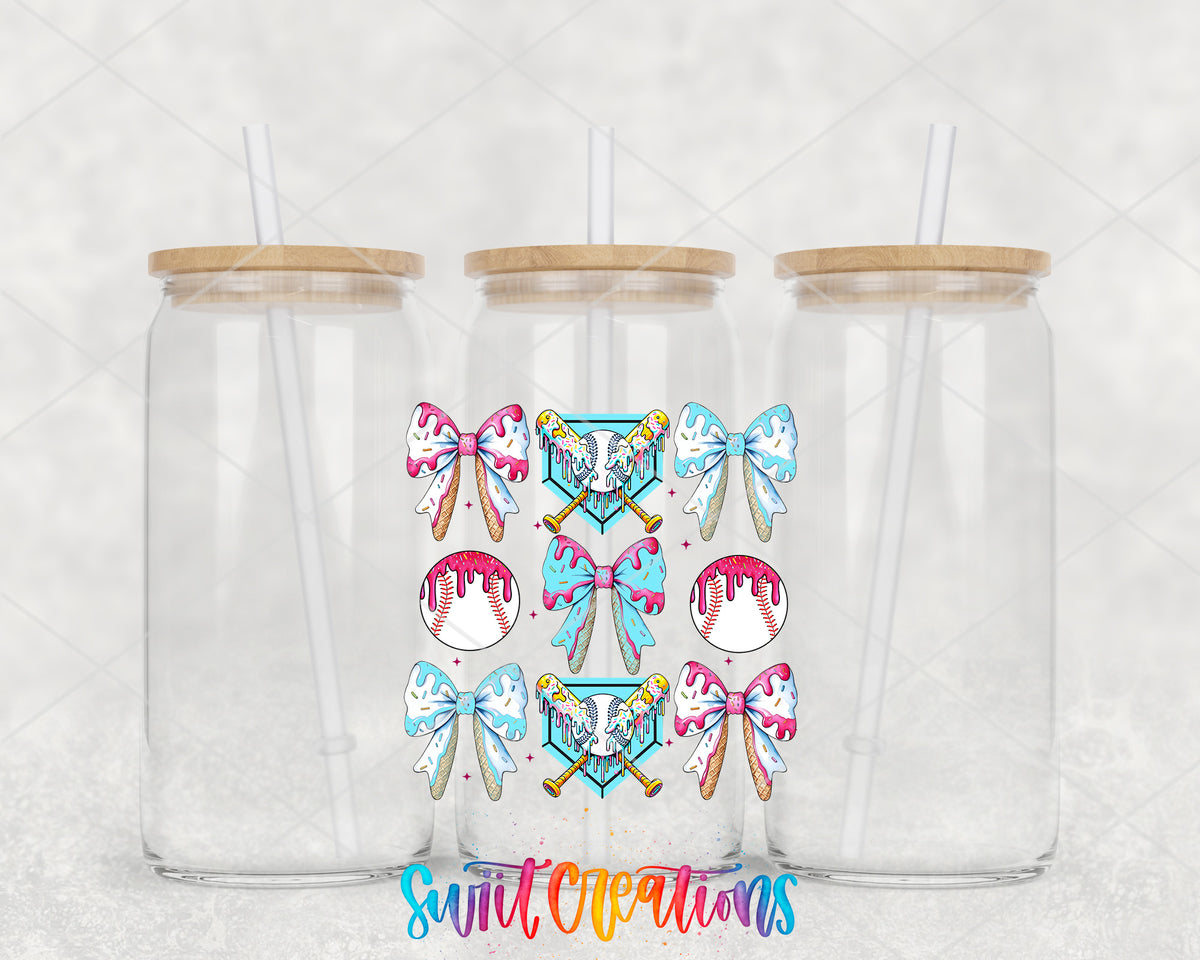 Coquette Baseball clear glass tumbler group mockup with bamboo lids and straws