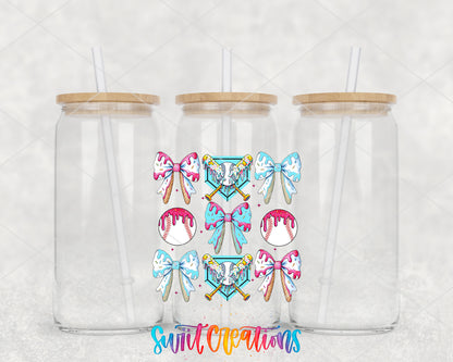 Coquette Baseball clear glass tumbler group mockup with bamboo lids and straws