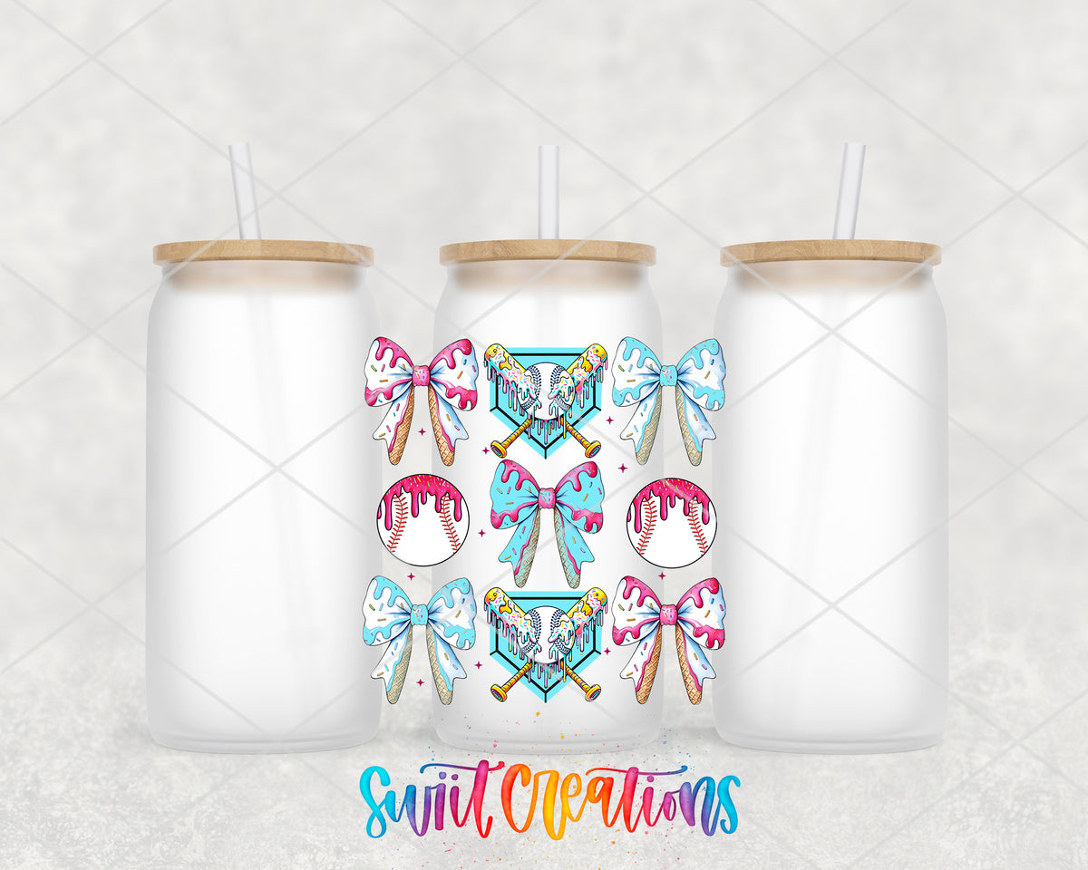 Coquette Baseball frosted glass tumbler group view with lids and straws