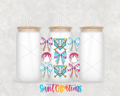 Coquette Baseball frosted glass tumbler group view with lids and straws