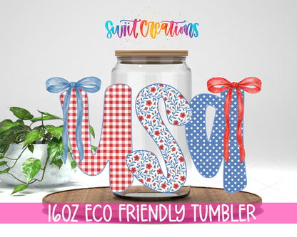 USA Coquette design on a 16 oz clear glass tumbler with bamboo lid