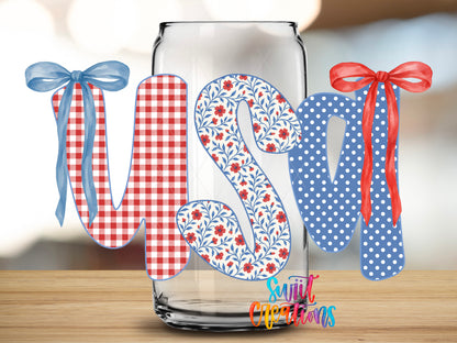 USA Coquette design close-up on a clear glass can tumbler