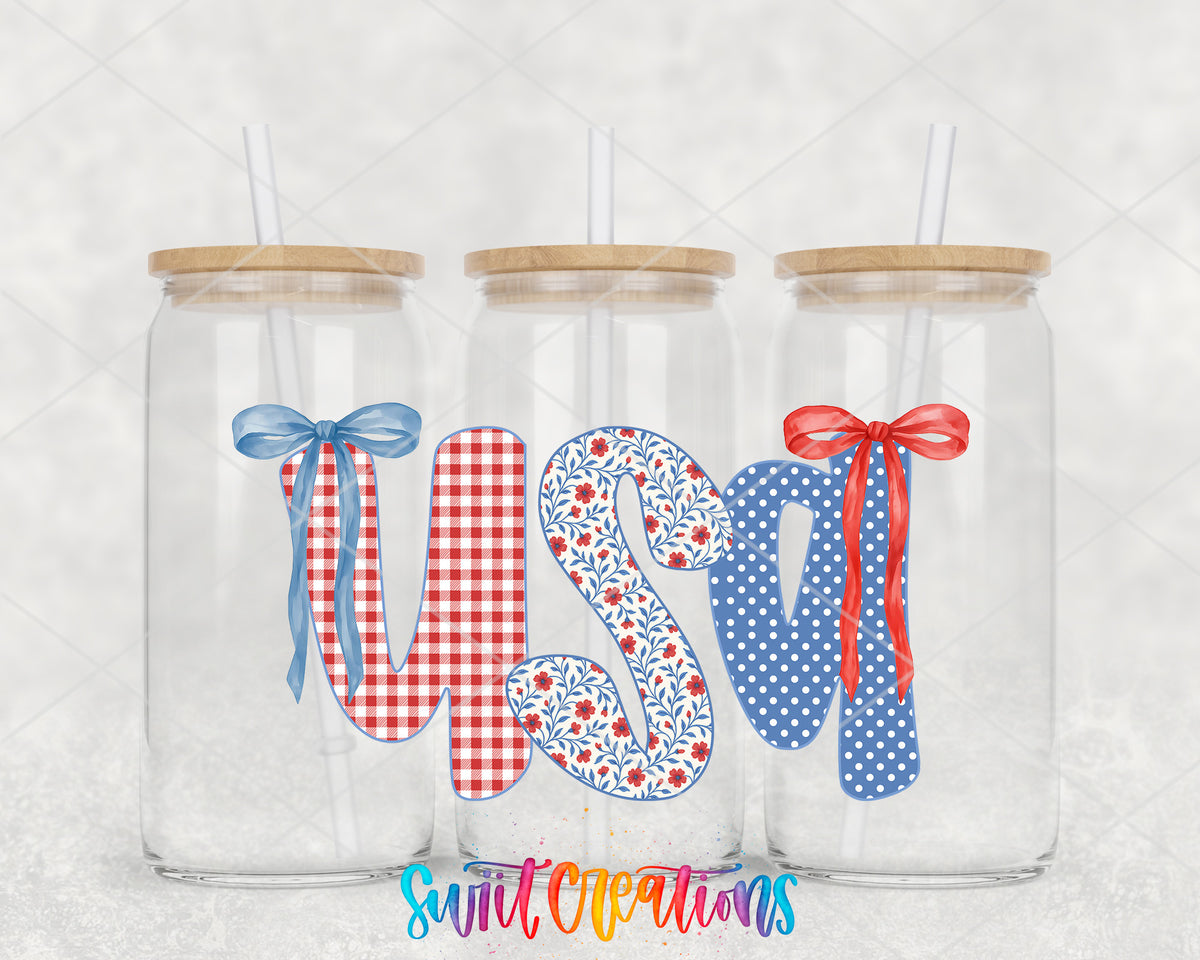 USA Coquette clear glass tumbler group mockup with bamboo lids and straws