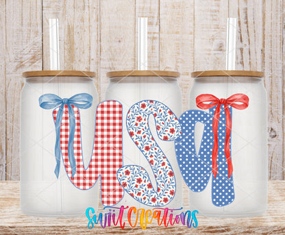 USA Coquette frosted glass tumbler mockup with bamboo lids and straws