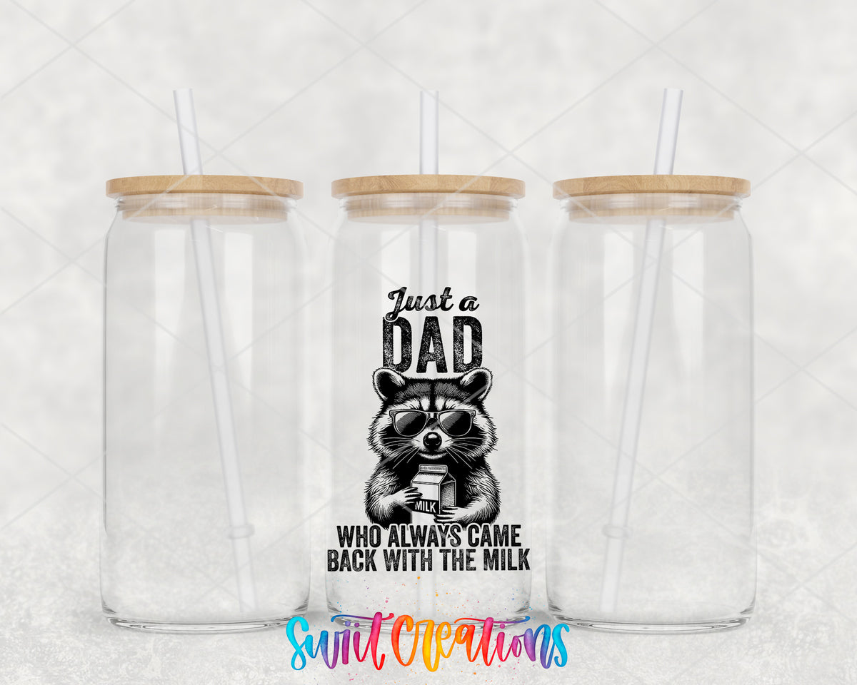 Dad Came Back With the Milk clear glass tumbler group mockup with bamboo lids and straws