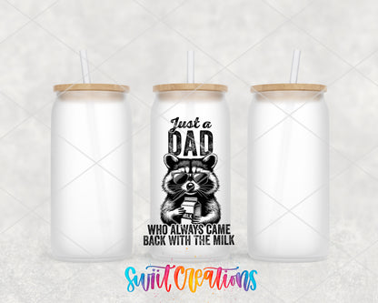 Dad Came Back With the Milk frosted glass tumbler group view with lids and straws
