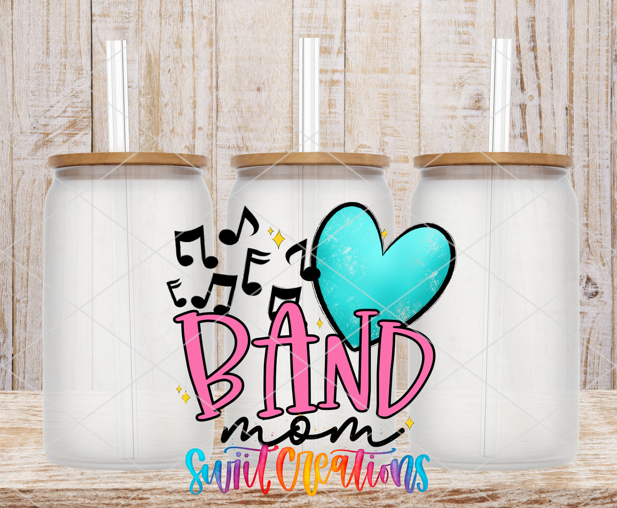 Band Mom frosted glass tumbler mockup with bamboo lids and straws