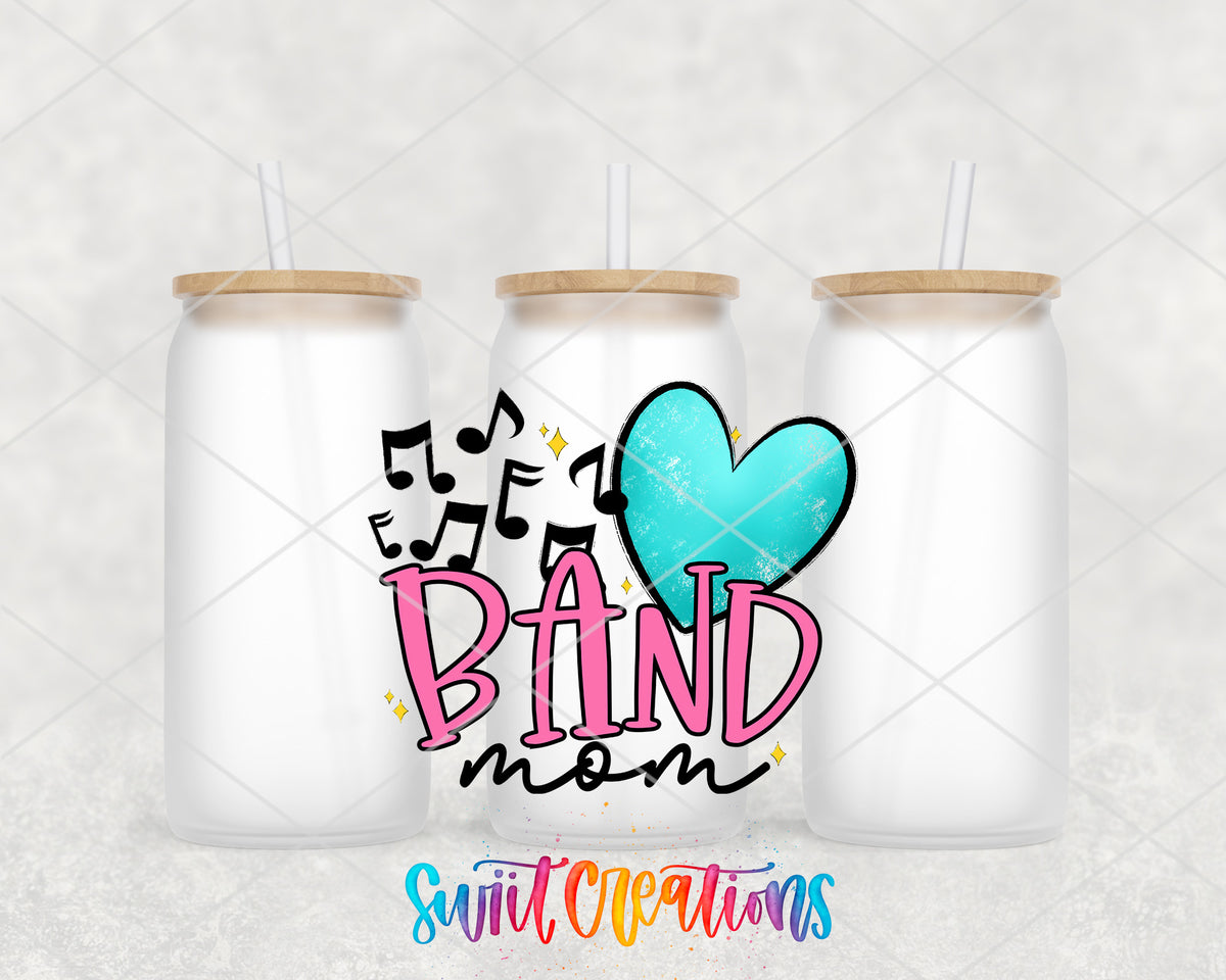 Band Mom frosted glass tumbler group view with lids and straws