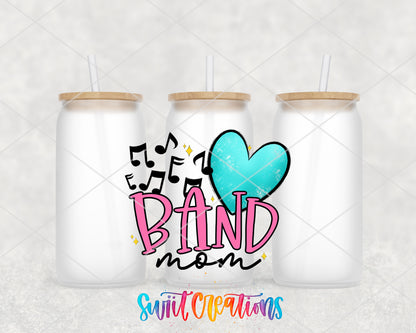 Band Mom frosted glass tumbler group view with lids and straws