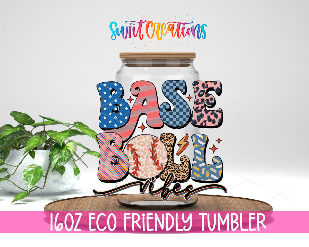 Groovy Baseball Vibes design on a 16 oz clear glass tumbler with bamboo lid