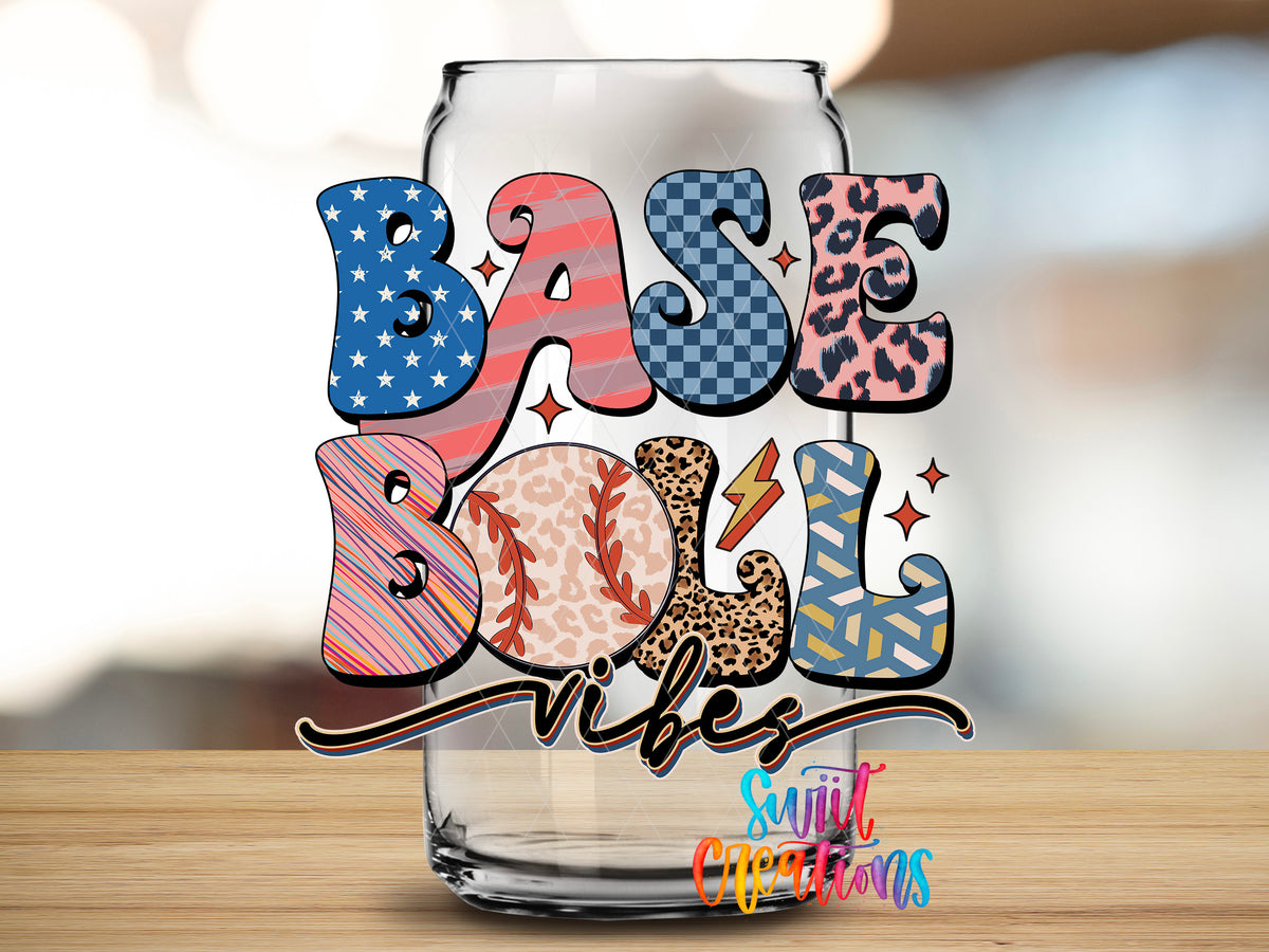 Groovy Baseball Vibes design close-up on a clear glass can tumbler
