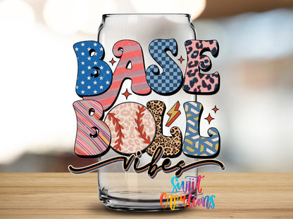 Groovy Baseball Vibes design close-up on a clear glass can tumbler