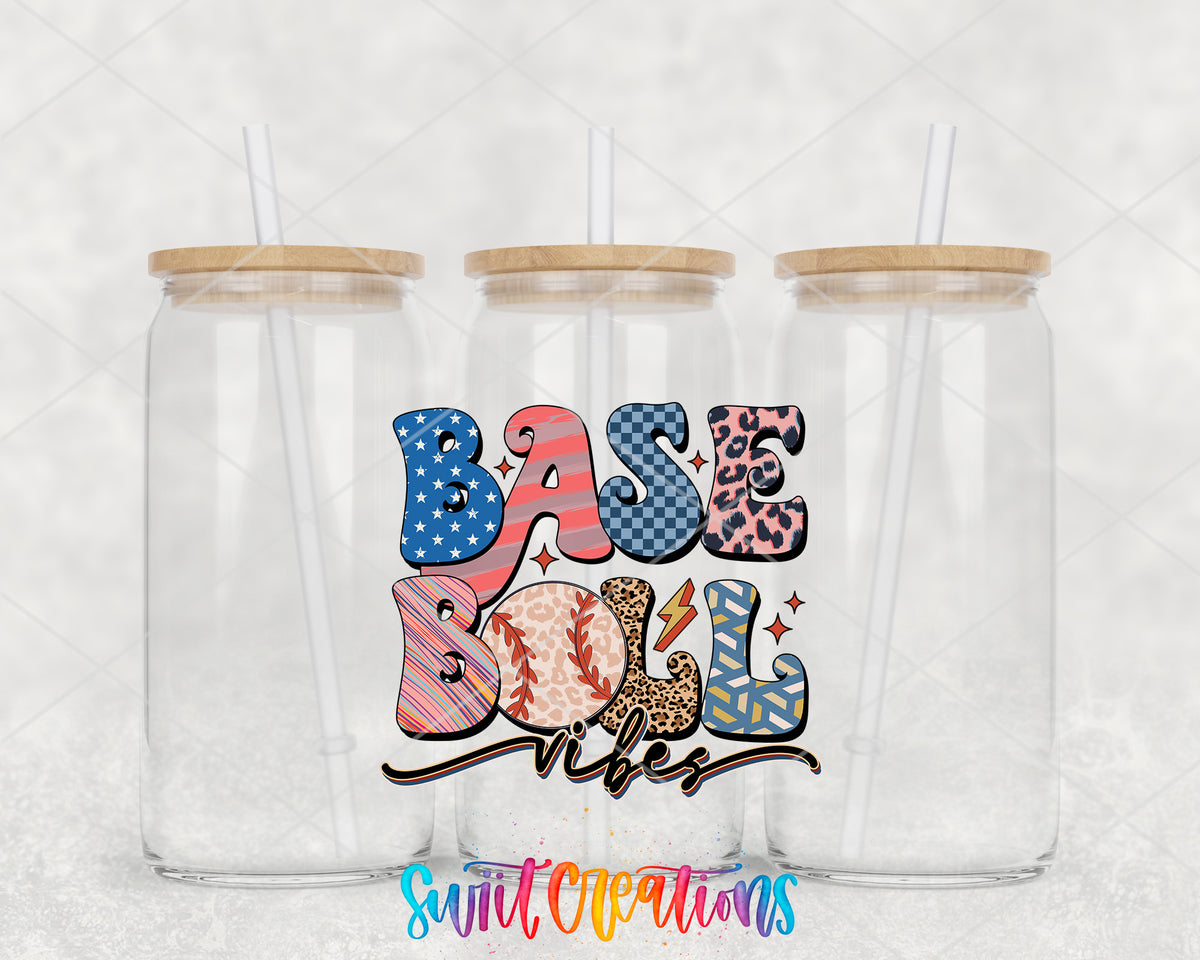 Groovy Baseball Vibes clear glass tumbler group mockup with bamboo lids and straws