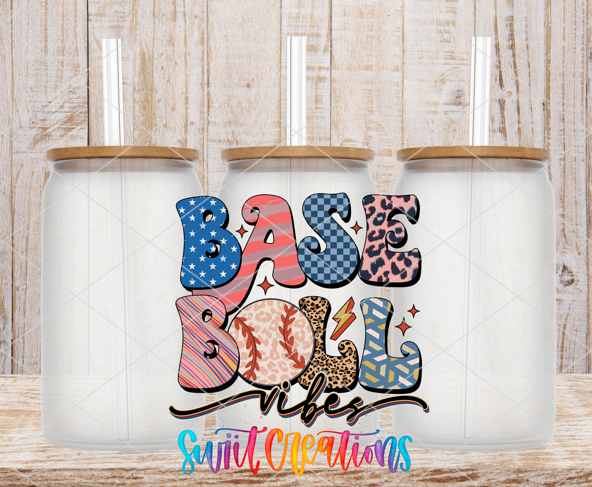 Groovy Baseball Vibes frosted glass tumbler mockup with bamboo lids and straws