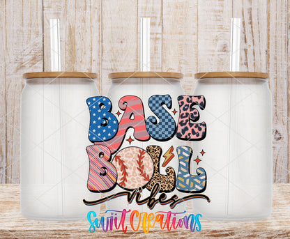 Groovy Baseball Vibes frosted glass tumbler mockup with bamboo lids and straws