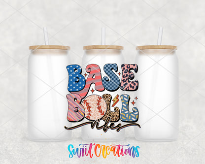 Groovy Baseball Vibes frosted glass tumbler group view with lids and straws