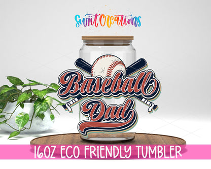 Retro Baseball Dad design on a 16 oz clear glass tumbler with bamboo lid