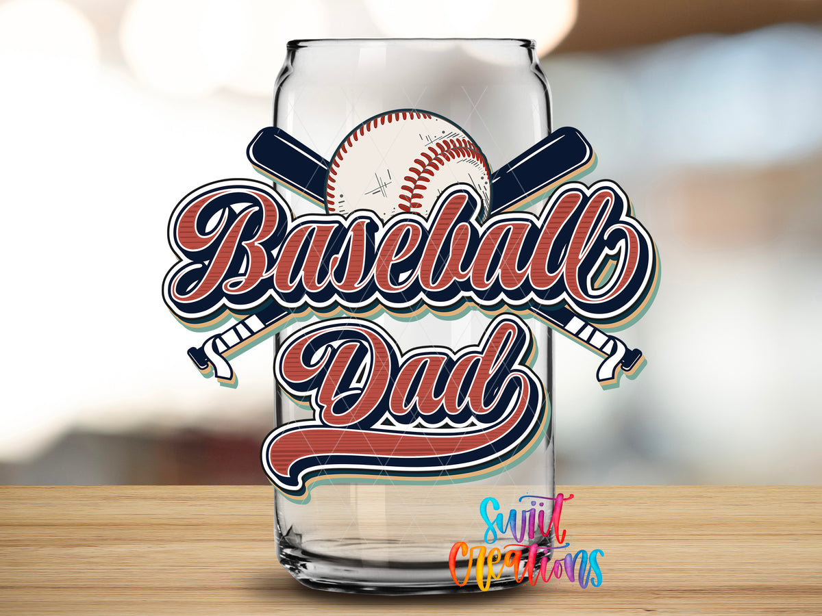 Retro Baseball Dad design close-up on a clear glass can tumbler