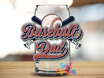 Retro Baseball Dad design close-up on a clear glass can tumbler
