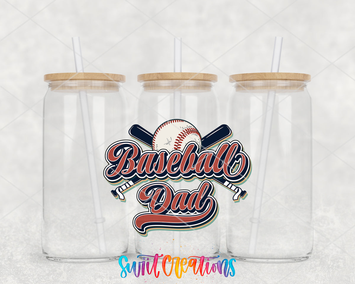 Retro Baseball Dad clear glass tumbler group mockup with bamboo lids and straws