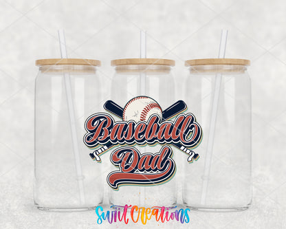 Retro Baseball Dad clear glass tumbler group mockup with bamboo lids and straws