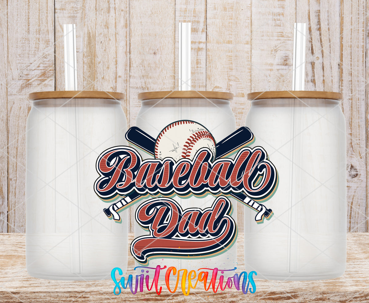 Retro Baseball Dad frosted glass tumbler mockup with bamboo lids and straws