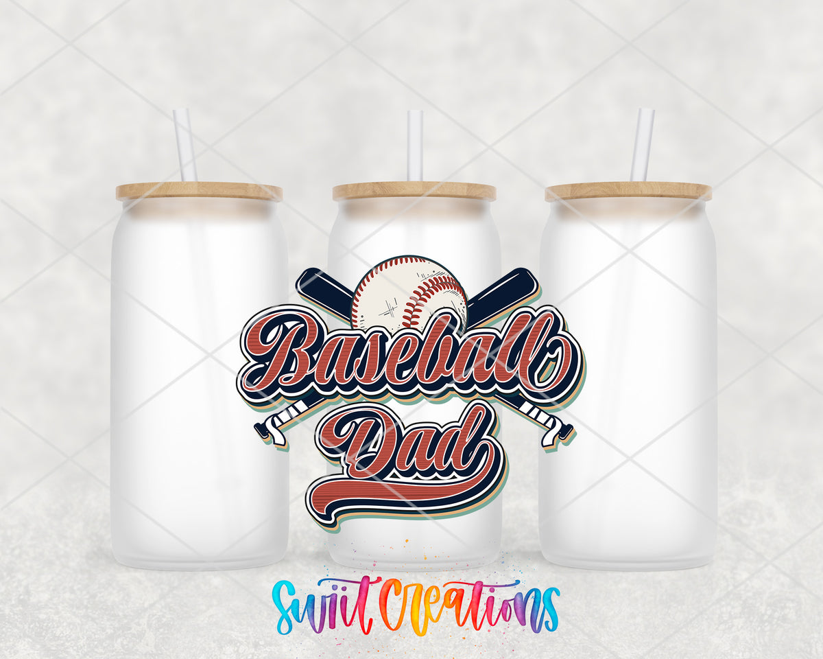 Retro Baseball Dad frosted glass tumbler group view with lids and straws