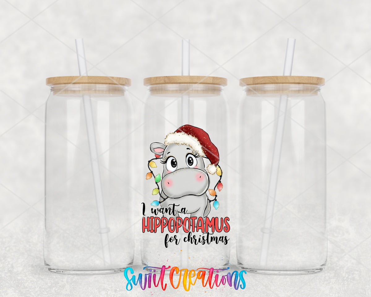 Hippopotamus for Christmas clear glass tumbler group mockup with bamboo lids and straws
