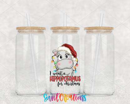 Hippopotamus for Christmas clear glass tumbler group mockup with bamboo lids and straws