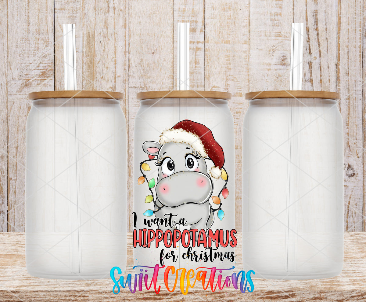 Hippopotamus for Christmas frosted glass tumbler mockup with bamboo lids and straws