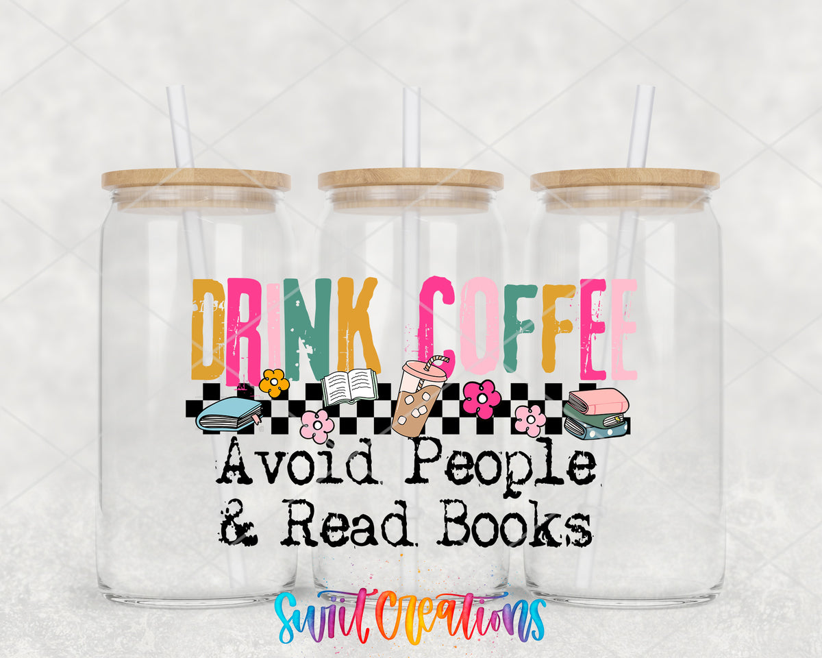 Drink Coffee Avoid People Read Books clear glass tumbler group mockup with bamboo lids and straws