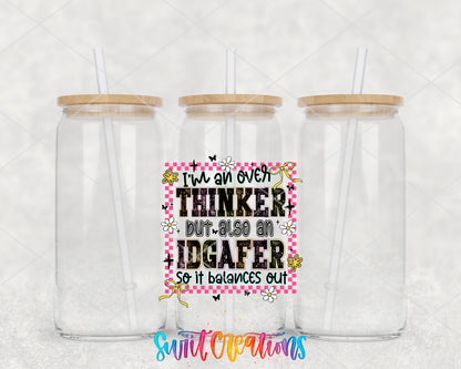 Overthinker and IDGAFer clear glass tumbler group mockup with bamboo lids and straws
