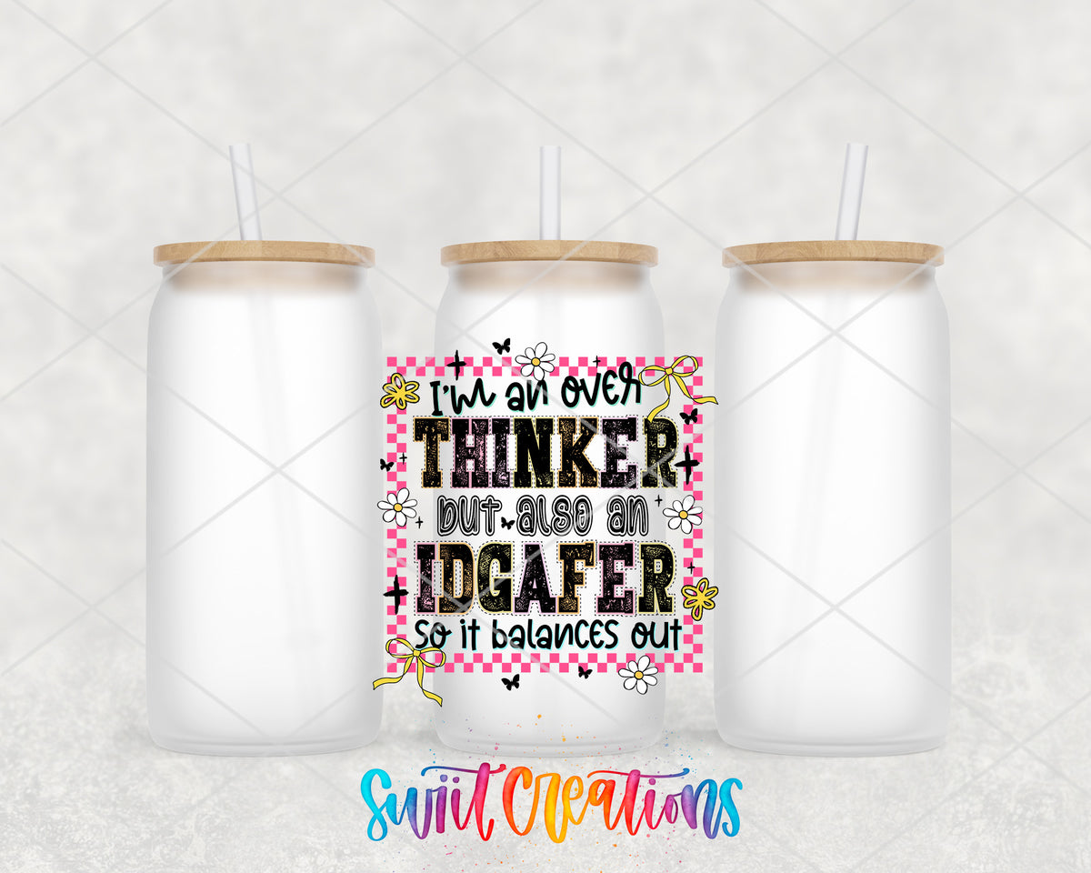 Overthinker and IDGAFer frosted glass tumbler group view with lids and straws