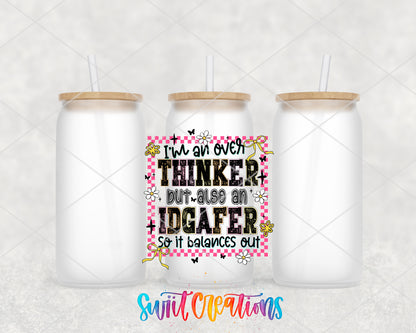 Overthinker and IDGAFer frosted glass tumbler group view with lids and straws