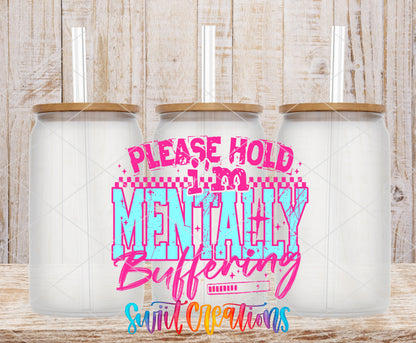 Mentally Buffering Pink frosted glass tumbler mockup with bamboo lids and straws