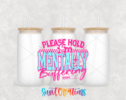Mentally Buffering Pink frosted glass tumbler group view with lids and straws
